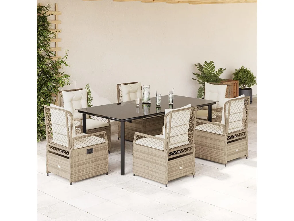 Ensemble à manger de jardin et coussins 9 pièces beige Poly rotin