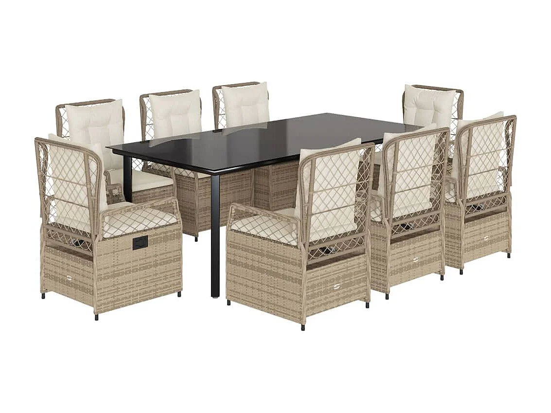 Ensemble à manger de jardin et coussins 9 pièces beige Poly rotin