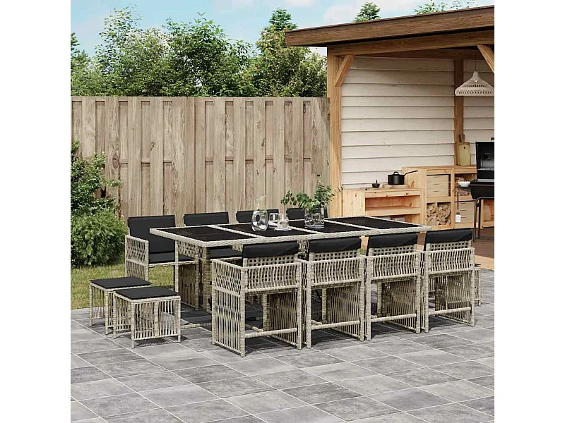Set comedor jardín y cojines 13 piezas ratán sintético gris claro