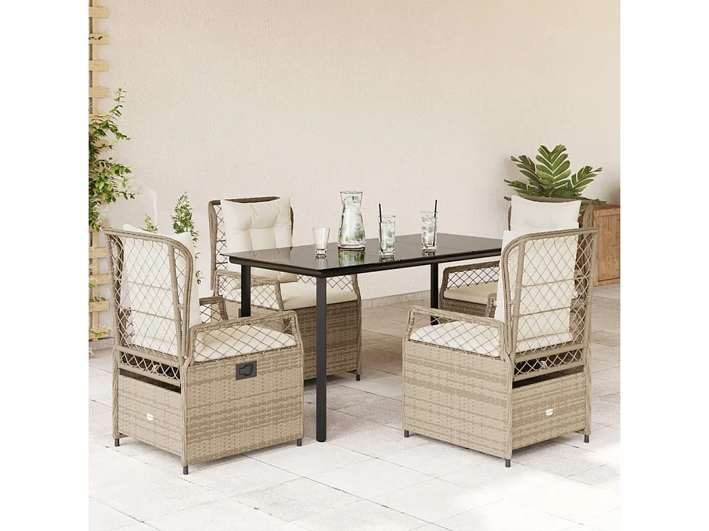 Ensemble à manger de jardin avec coussins 5 pièces Beige poly rotin