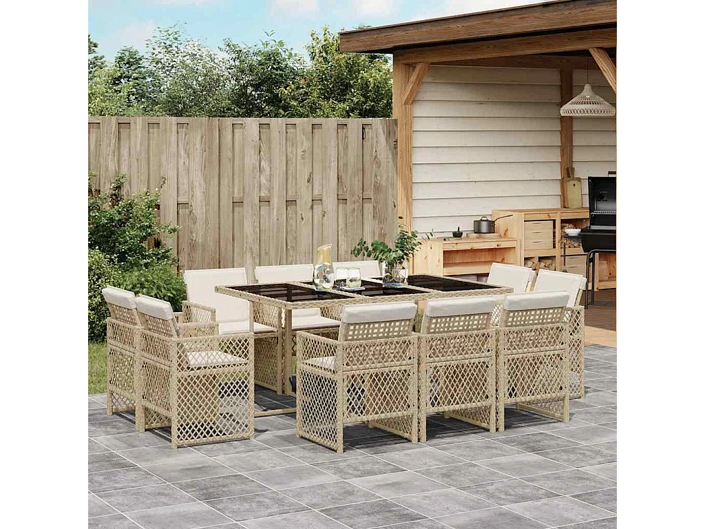 Set comedor de jardín 11 piezas con cojines ratán sintético beige