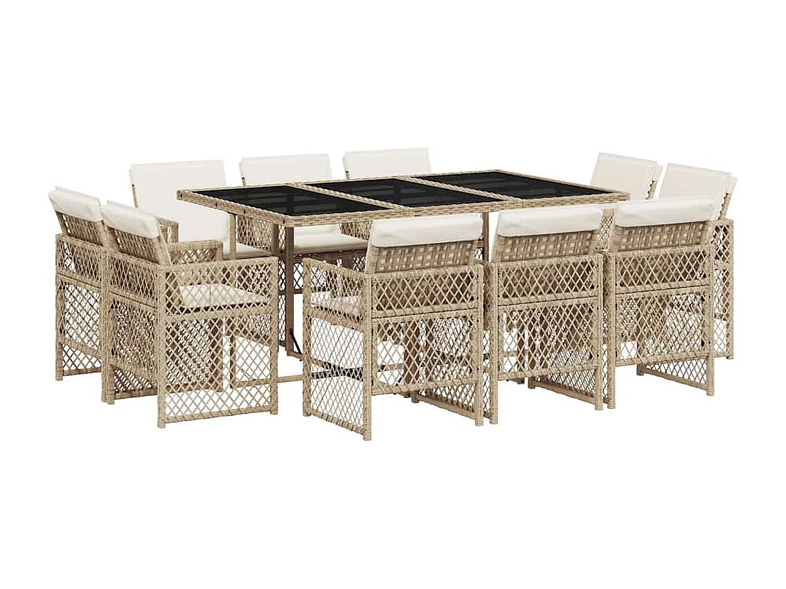 Set comedor de jardín 11 piezas con cojines ratán sintético beige