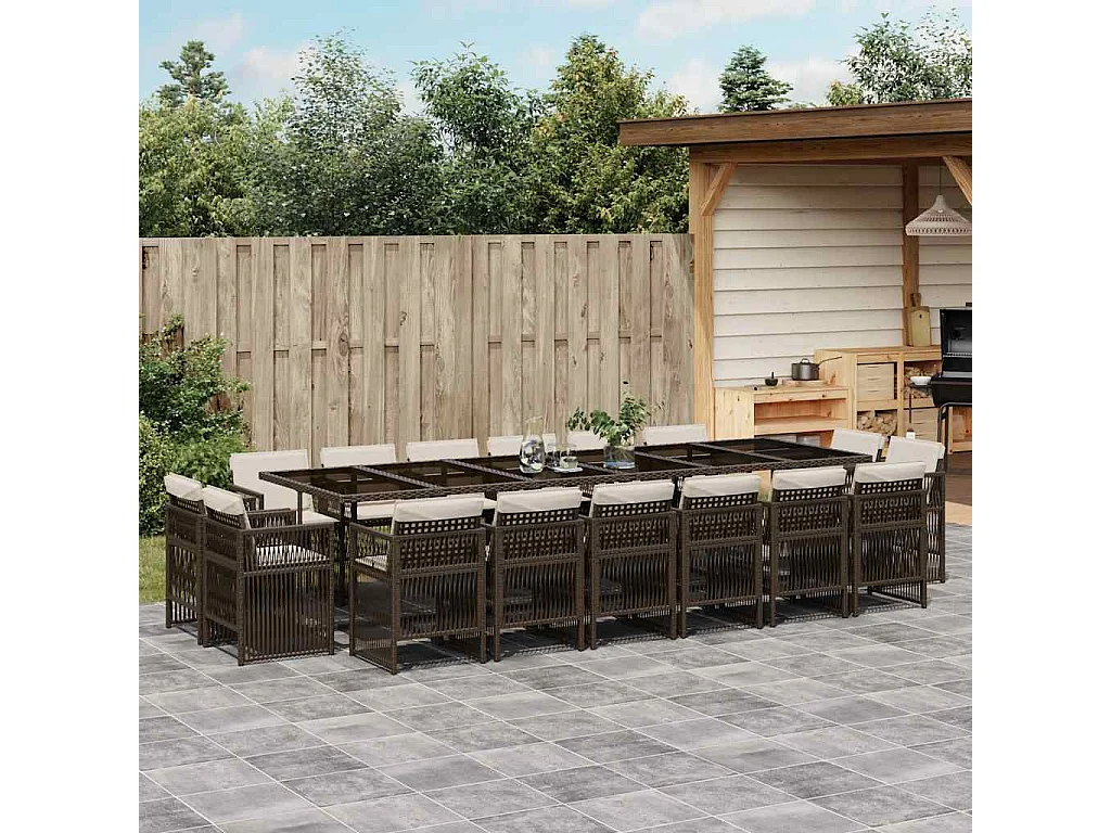 Set de muebles jardín 17 piezas y cojines ratán sintético marrón