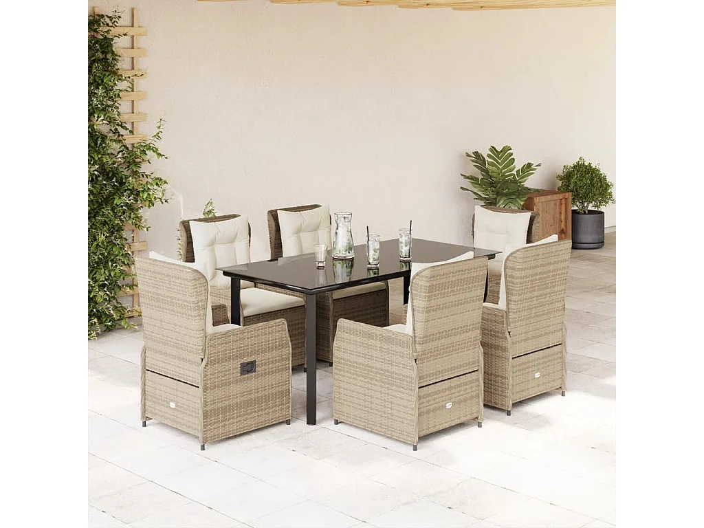 Set comedor de jardín 7 piezas con cojines ratán sintético beige