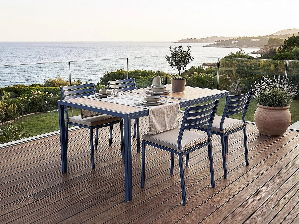 Table de jardin métal imitation bois "Tossa" - 160 x 90 x 75 cm - Marron