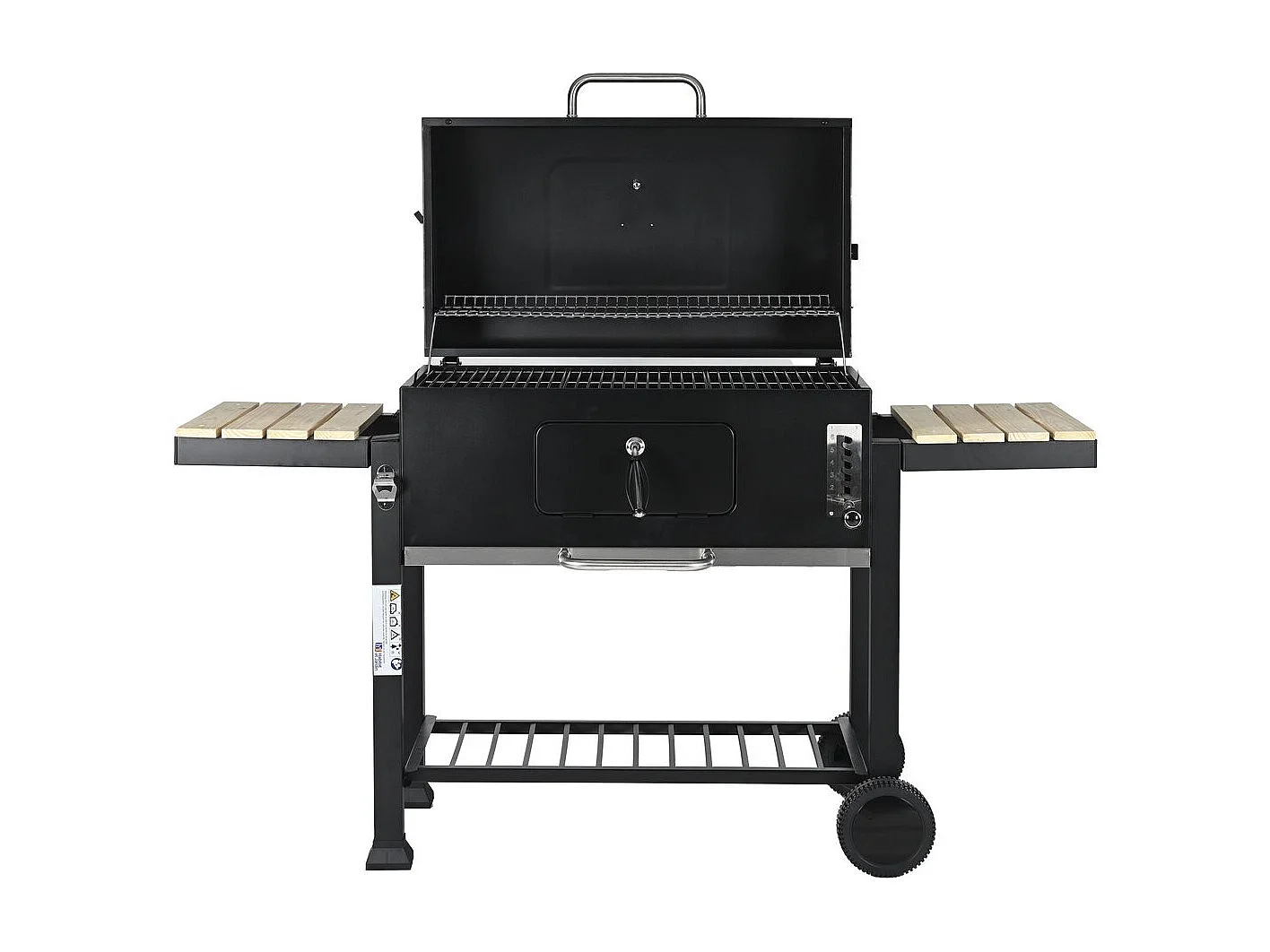 Barbacoa de carbón "Marquis" negra con carrito, parrillas ajustables, termómetro y estantes laterales de madera