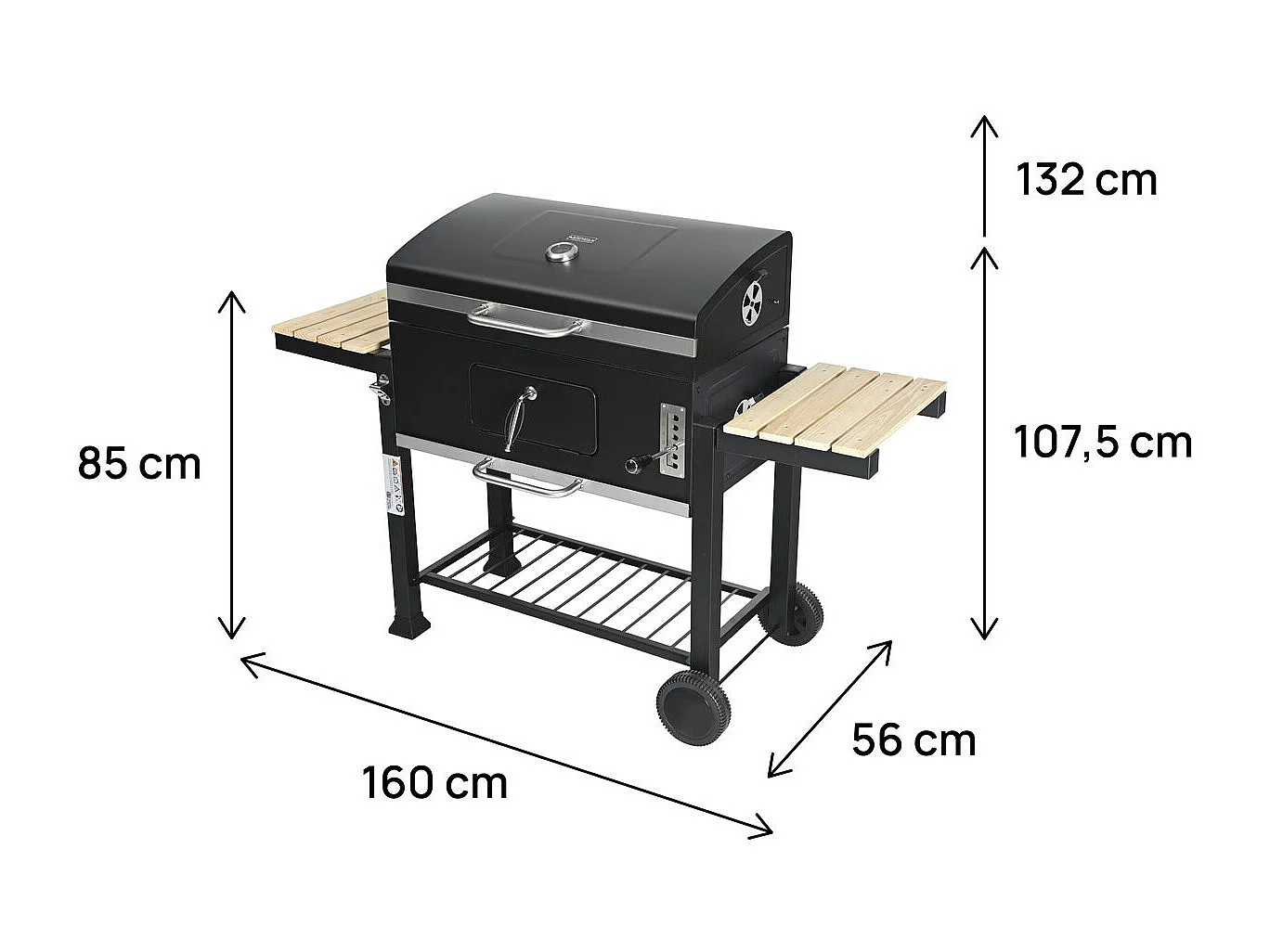 Barbecue charbon avec tablettes latérales et grilles réglables "Marquis" - Noir