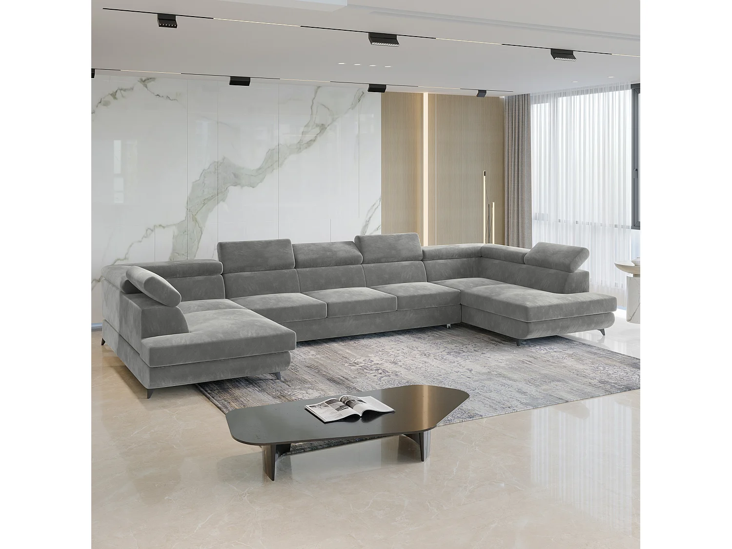 Canapé d'angle URMANO Gris clair en velours avec fonction de couchage