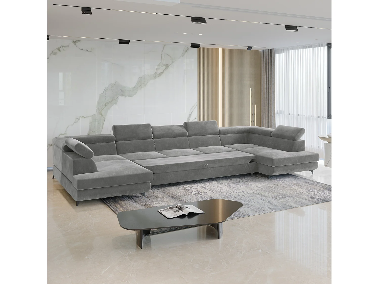 Canapé d'angle URMANO Gris clair en velours avec fonction de couchage