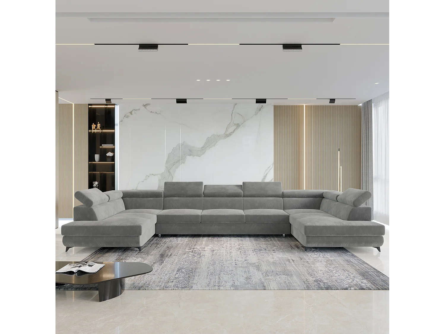 Canapé d'angle URMANO Gris clair en velours avec fonction de couchage