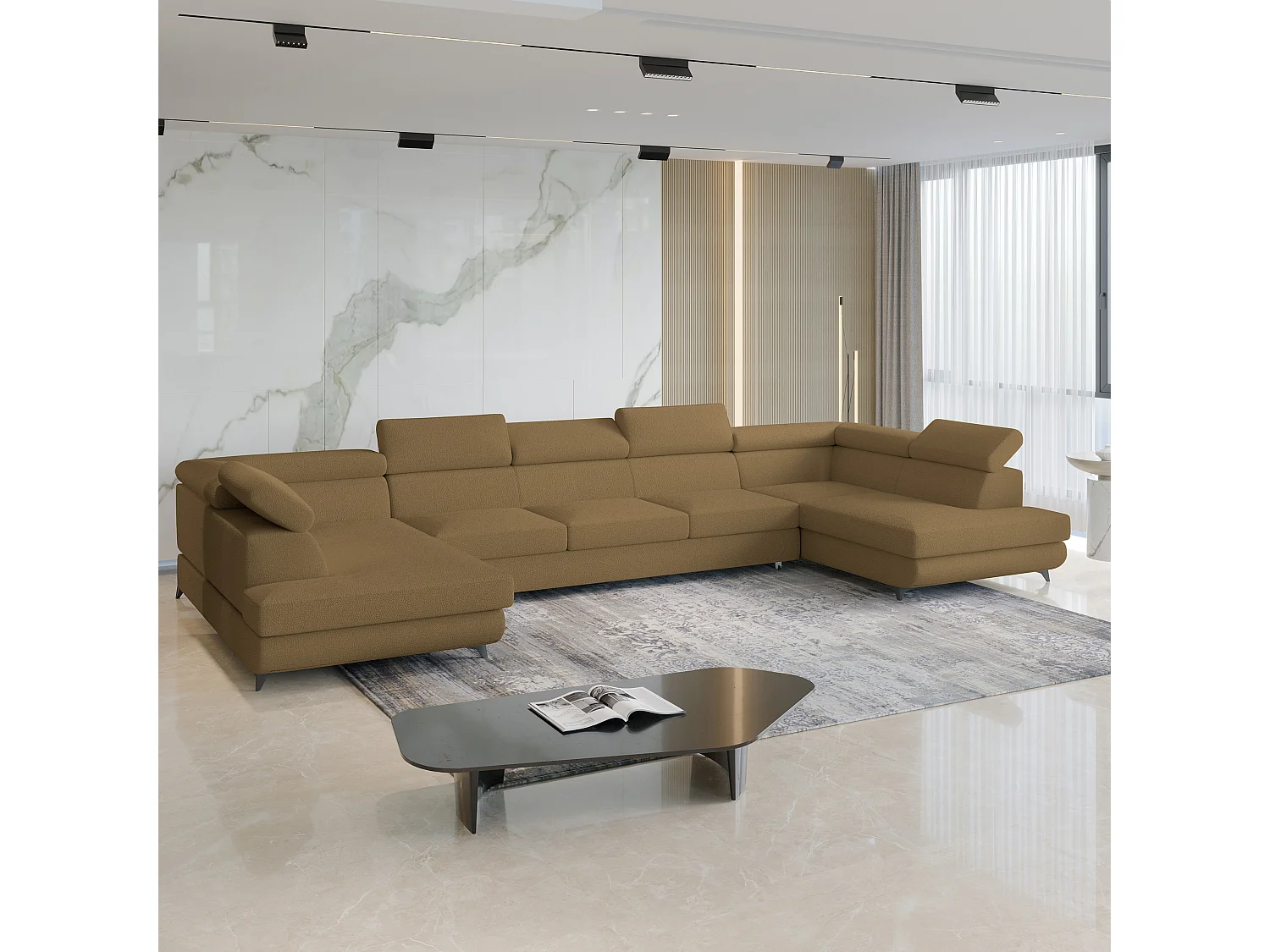 Canapé d'angle URMANO Orange en bouclé avec fonction de couchage