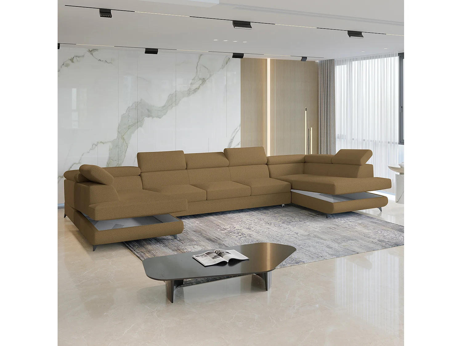 Canapé d'angle URMANO Orange en bouclé avec fonction de couchage