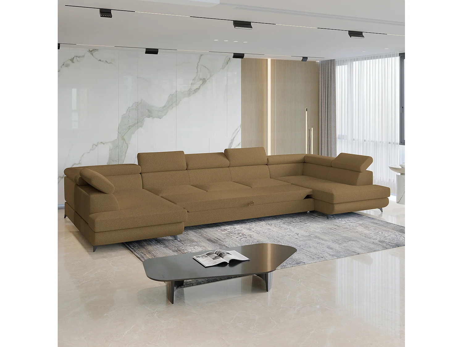 Canapé d'angle URMANO Orange en bouclé avec fonction de couchage