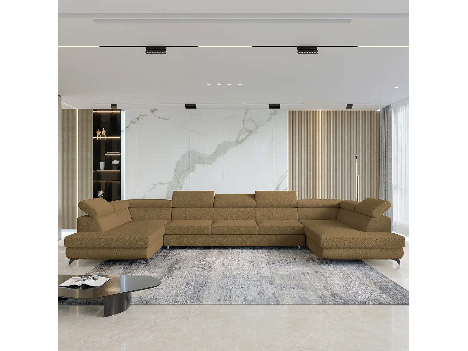 Canapé d'angle URMANO Orange en bouclé avec fonction de couchage