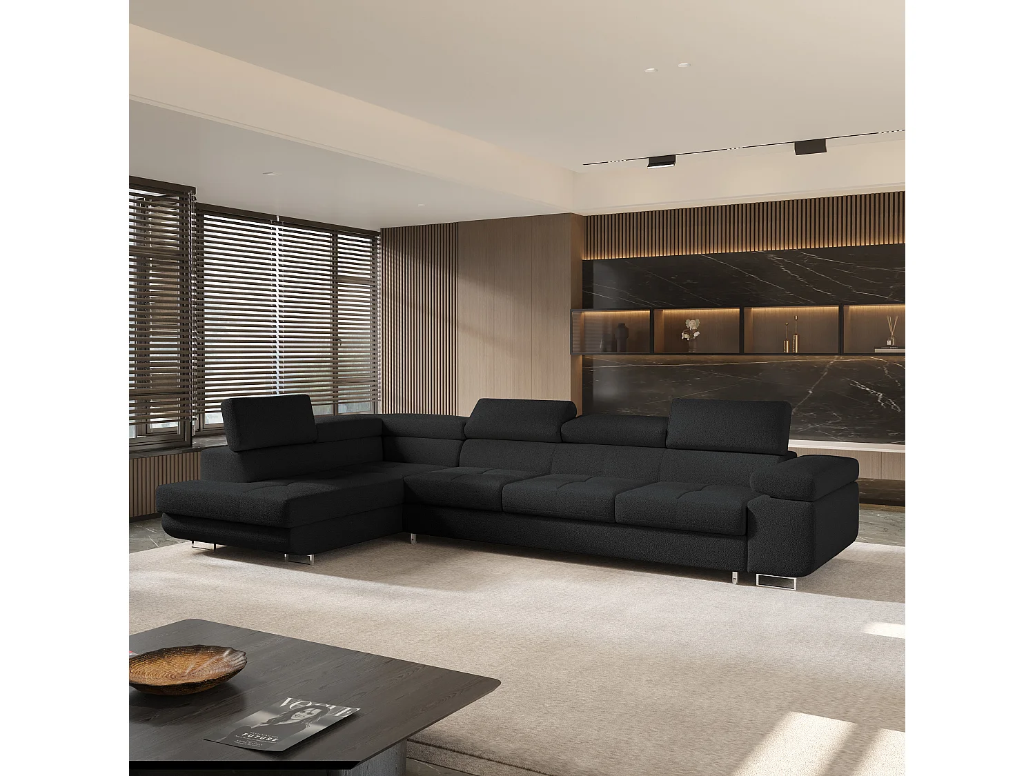 Hoekbank VICENTE van fluweel met slaapfunctie Schwarz