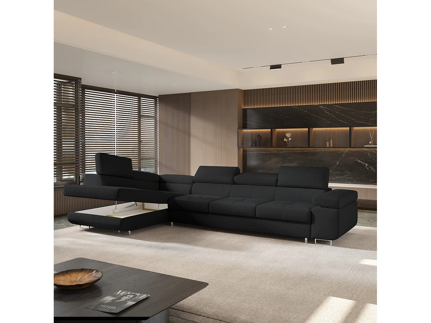 Hoekbank VICENTE van fluweel met slaapfunctie Schwarz