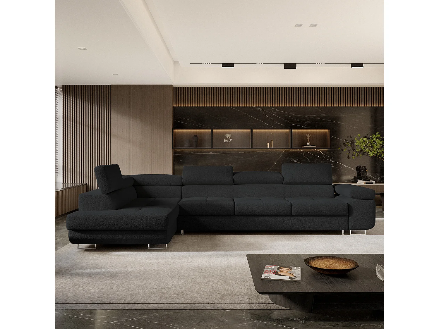 Hoekbank VICENTE van fluweel met slaapfunctie Schwarz