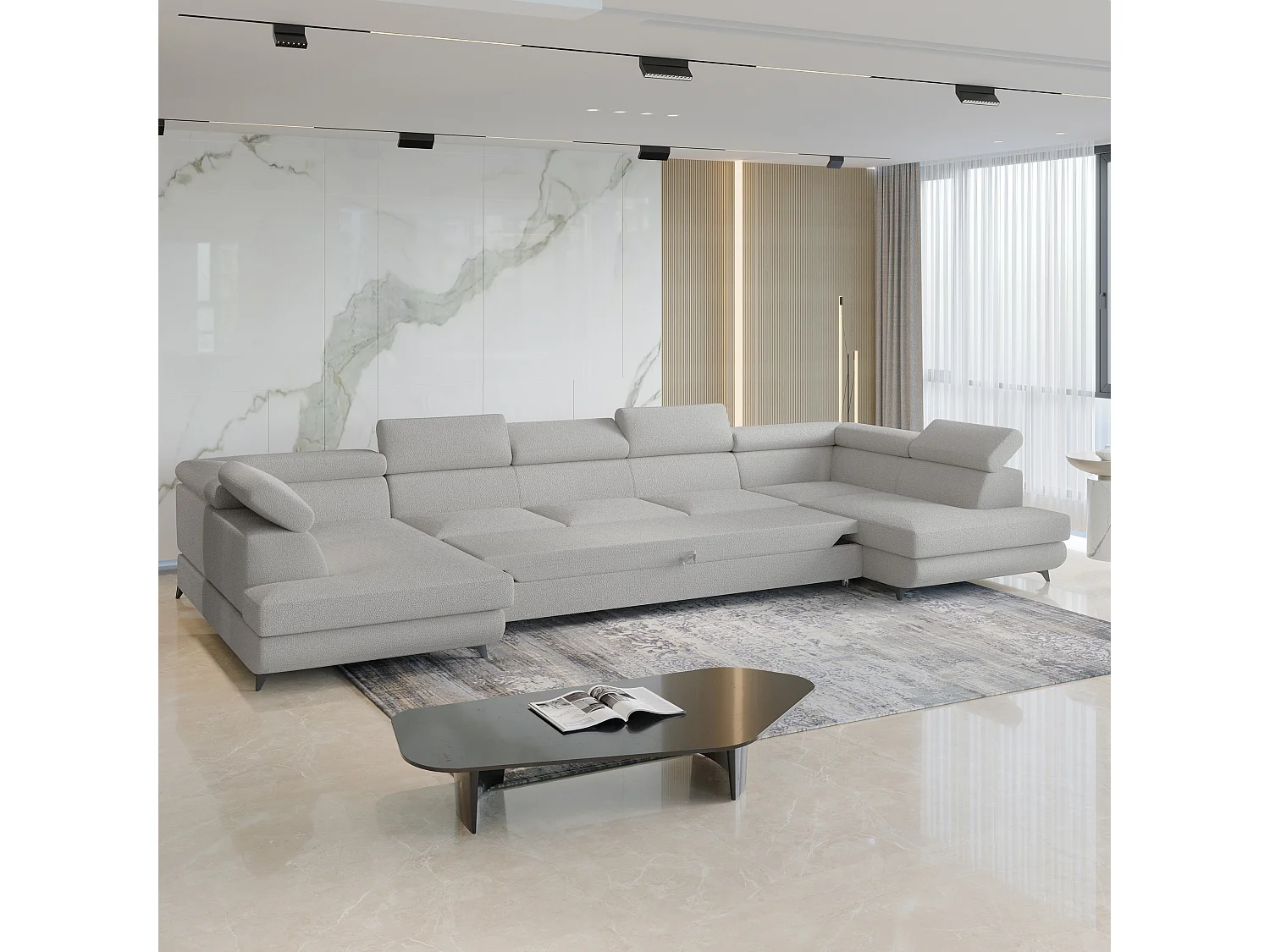 Hoekbank URMANO van fluweel met slaapfunctie Hellgrau