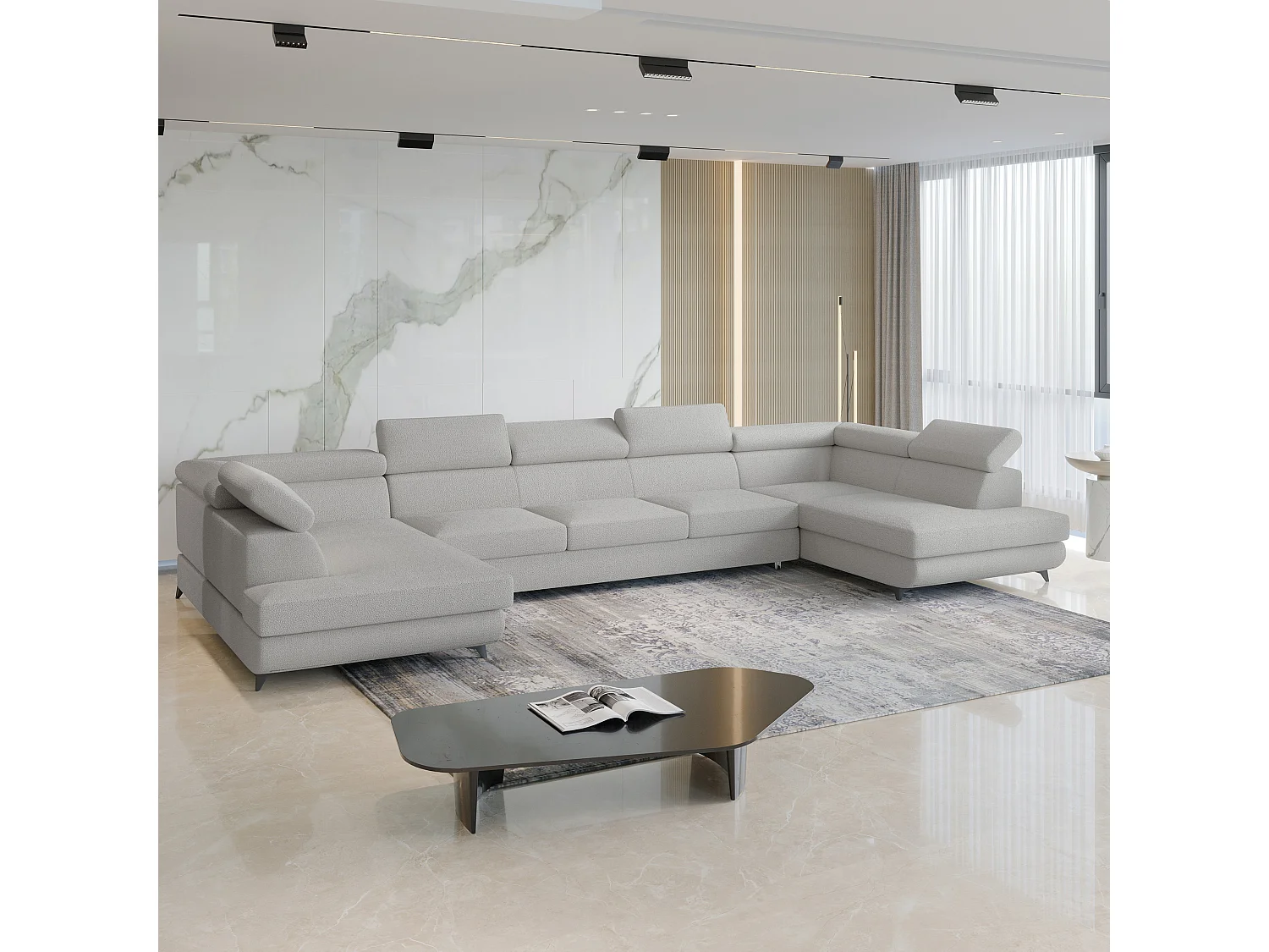 Canapé d'angle URMANO Gris clair en bouclé avec fonction de couchage