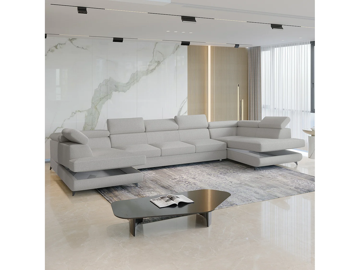 Canapé d'angle URMANO Gris clair en bouclé avec fonction de couchage