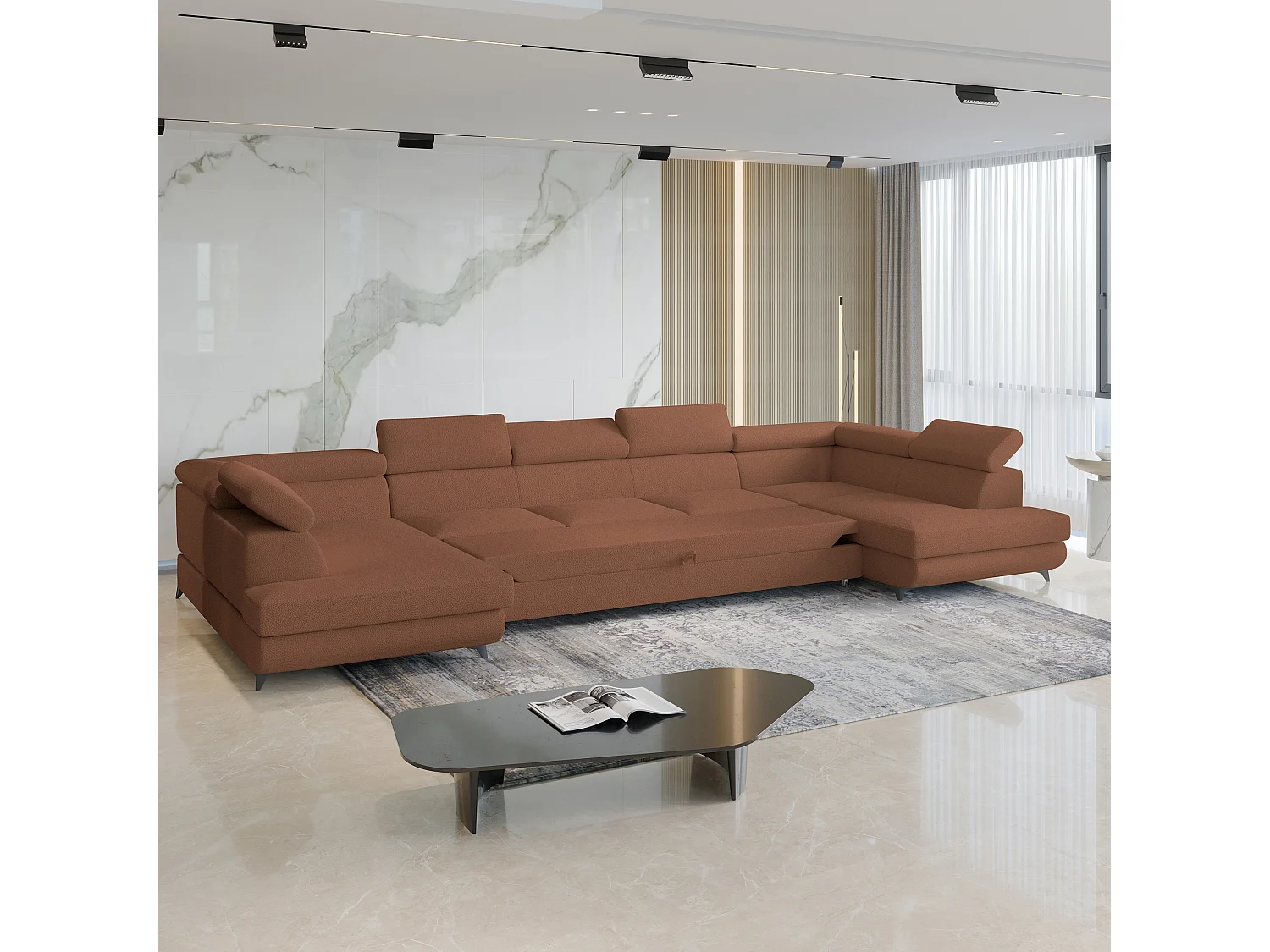 Canapé d'angle URMANO Cuivré en bouclé avec fonction de couchage