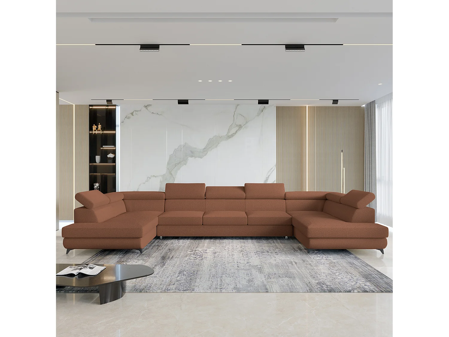Canapé d'angle URMANO Cuivré en bouclé avec fonction de couchage
