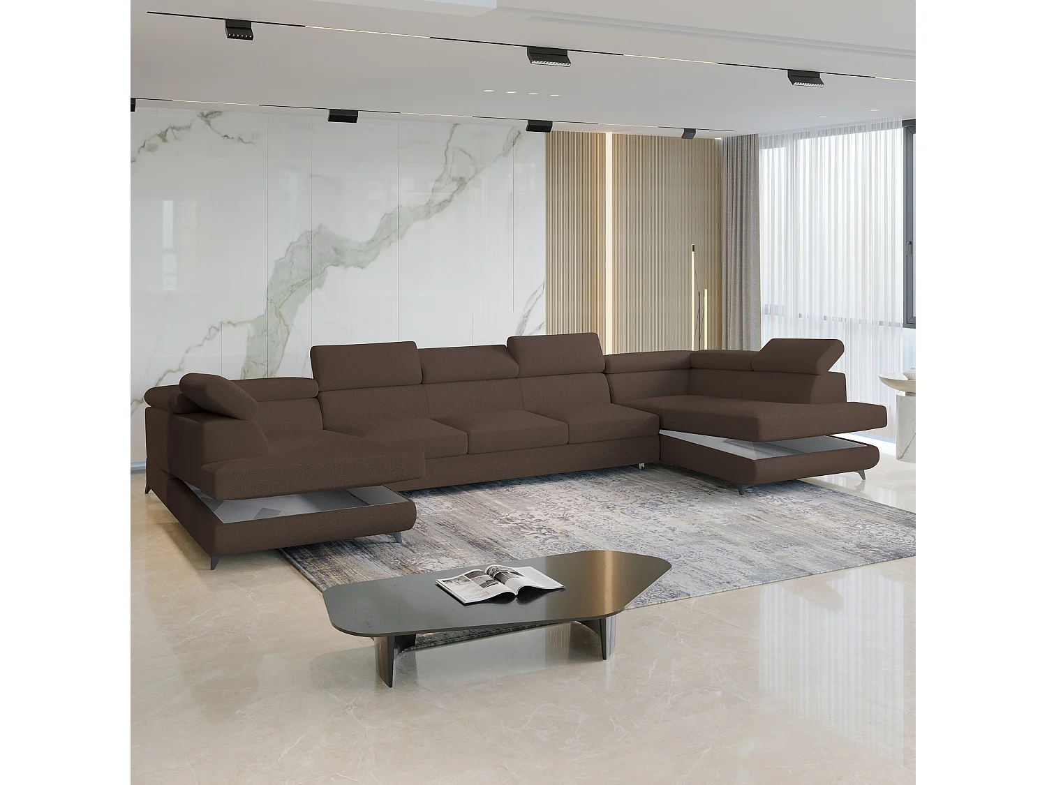 Canapé d'angle URMANO Marron en bouclé avec fonction de couchage