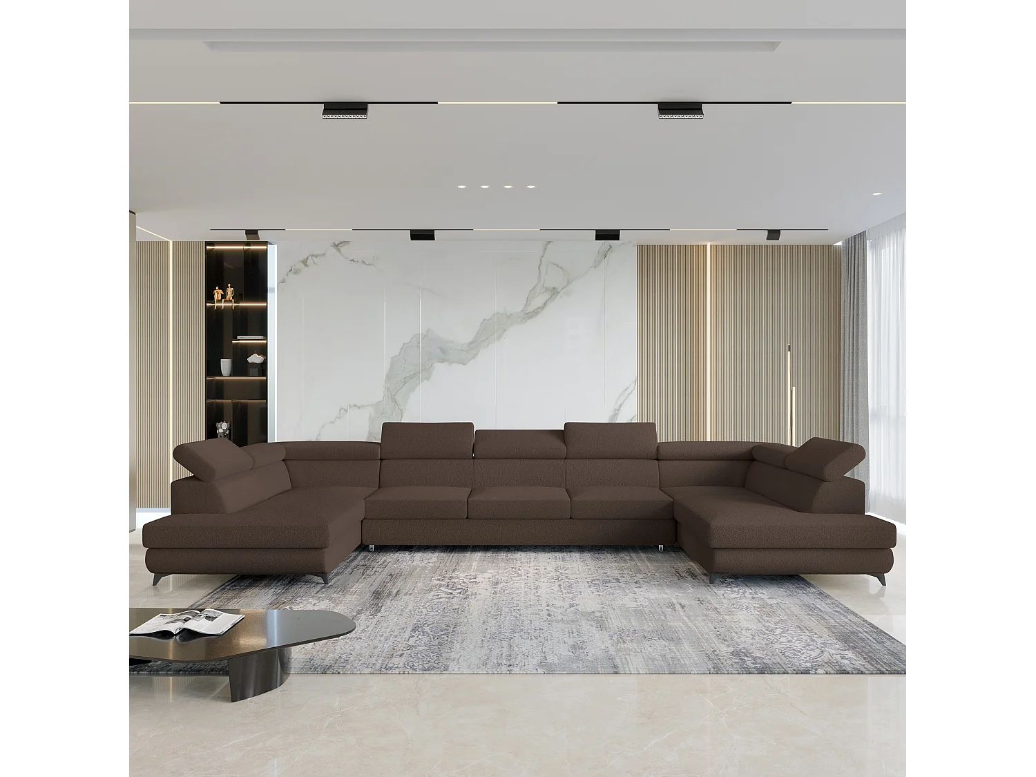 Canapé d'angle URMANO Marron en bouclé avec fonction de couchage