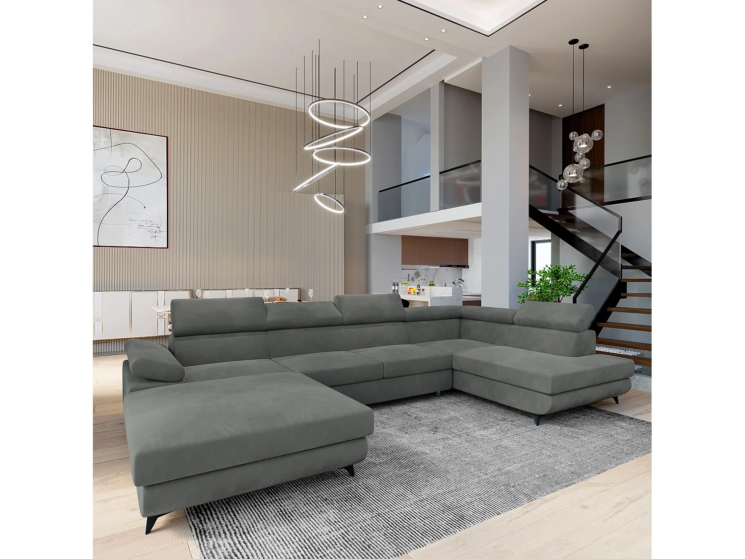 Canapé D'angle Rubano Gris En Velours Avec Fonction De Couchage