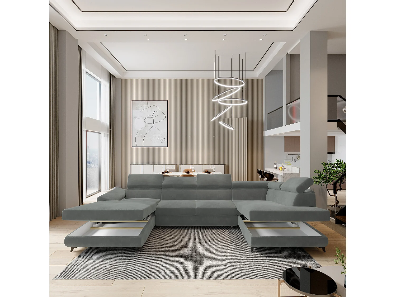 Canapé D'angle Rubano Gris En Velours Avec Fonction De Couchage