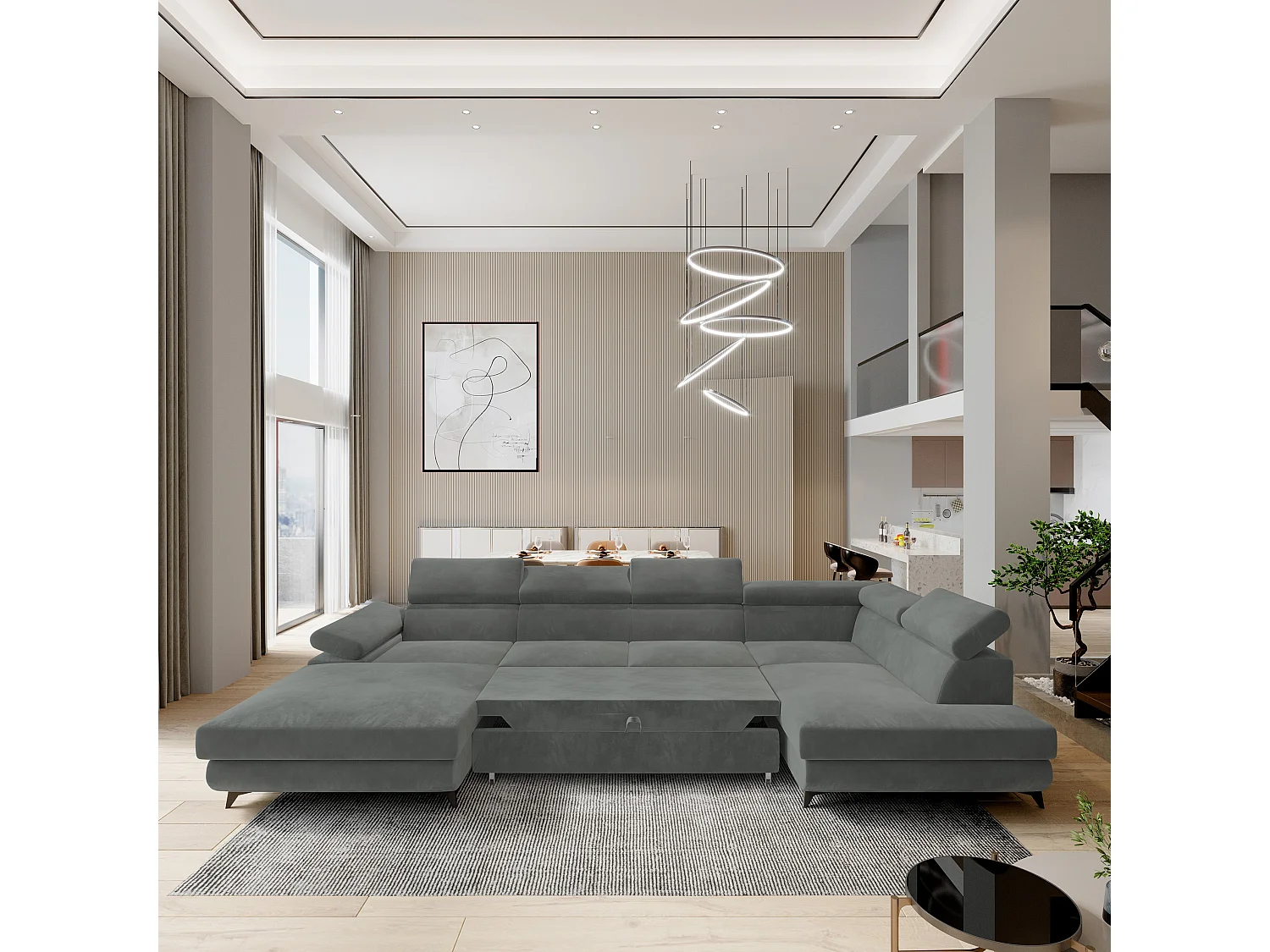 Canapé D'angle Rubano Gris En Velours Avec Fonction De Couchage