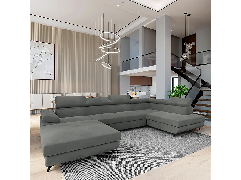 Canapé D'angle Rubano Gris En Velours Avec Fonction De Couchage