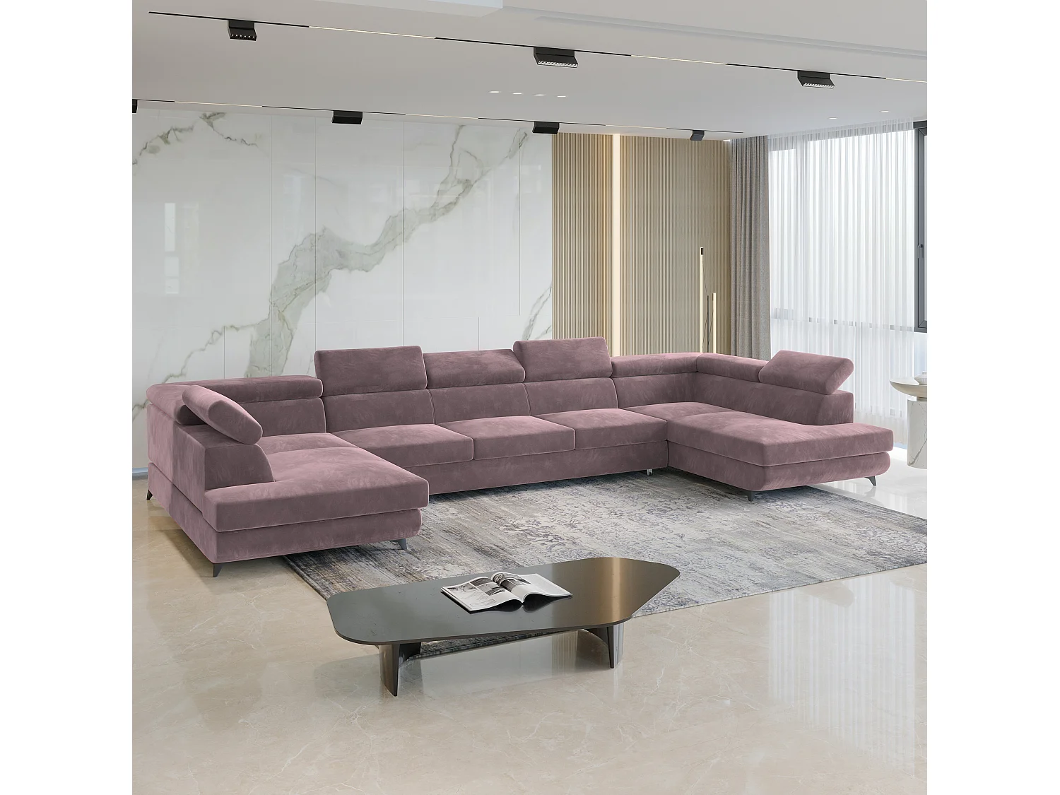 Canapé d'angle URMANO Violet en velours avec fonction de couchage