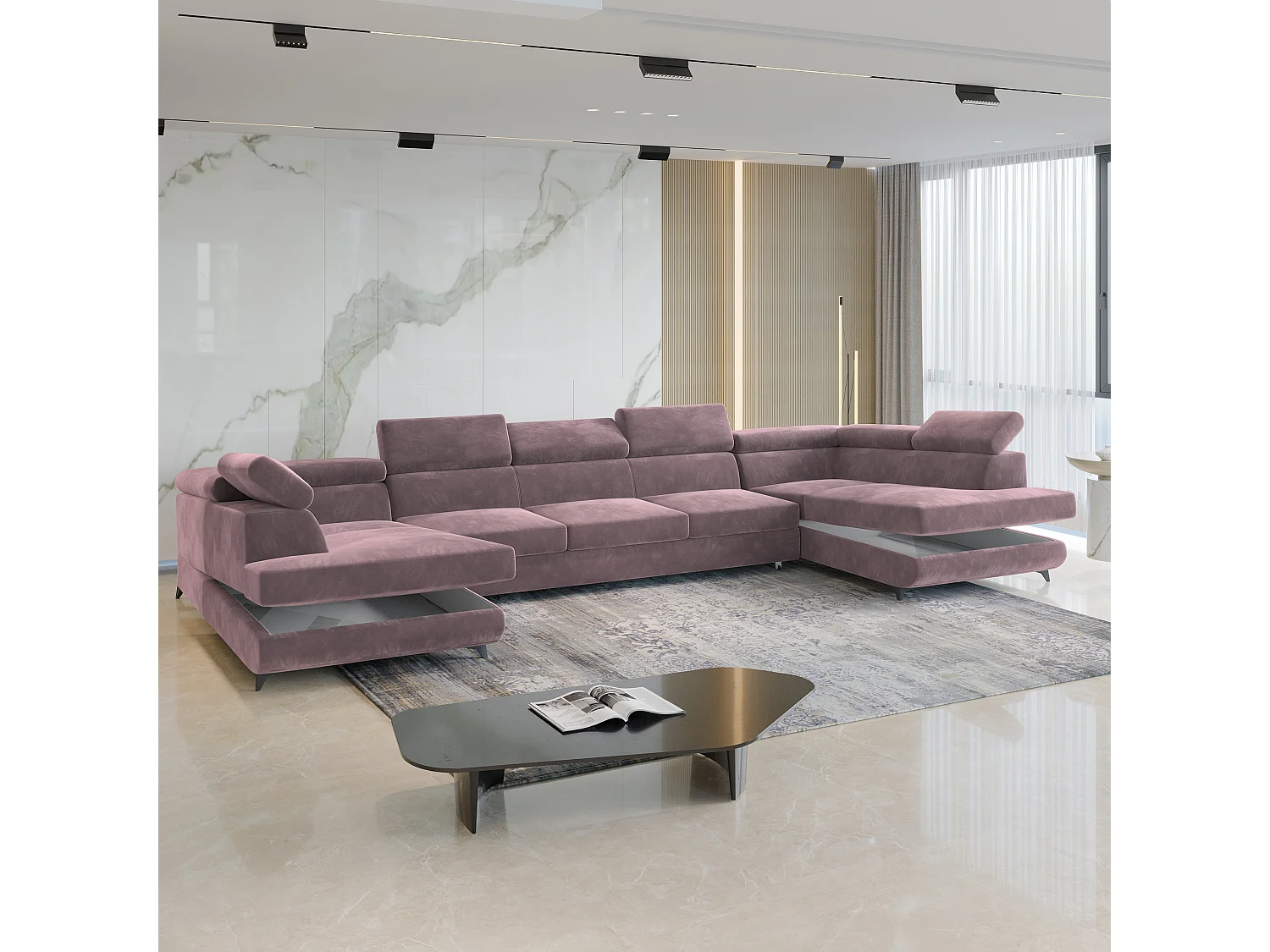 Canapé d'angle URMANO Violet en velours avec fonction de couchage