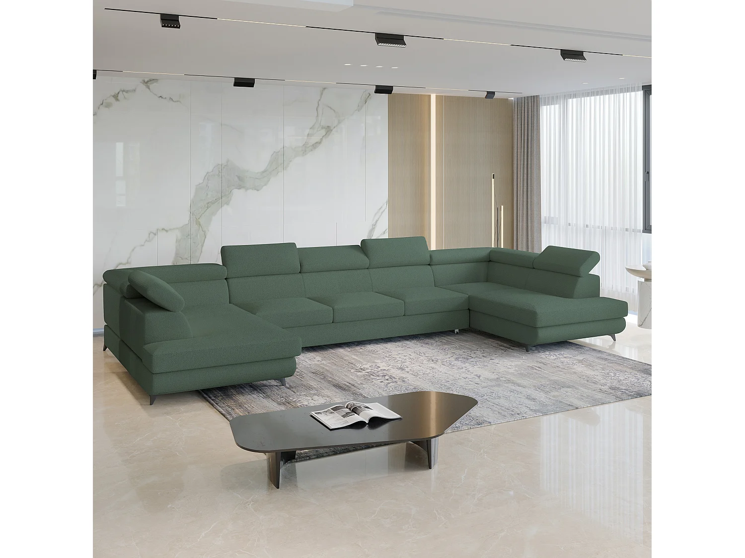 Canapé d'angle URMANO Vert en bouclé avec fonction de couchage