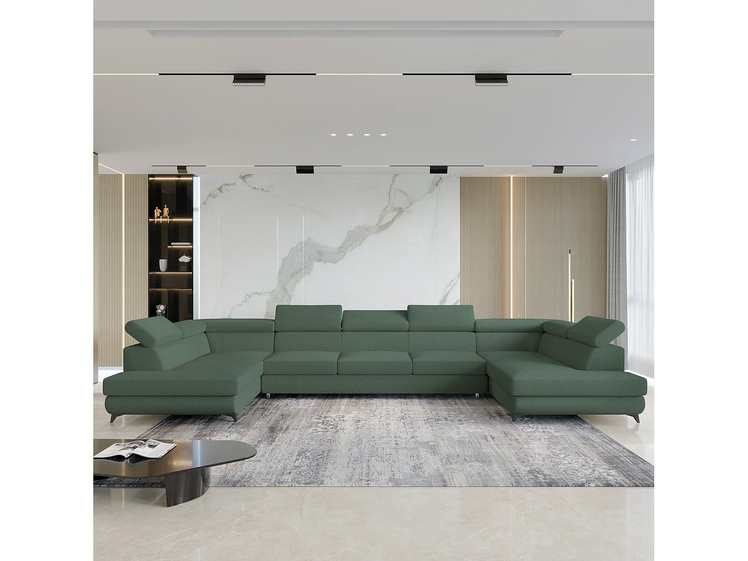 Canapé d'angle URMANO Vert en bouclé avec fonction de couchage