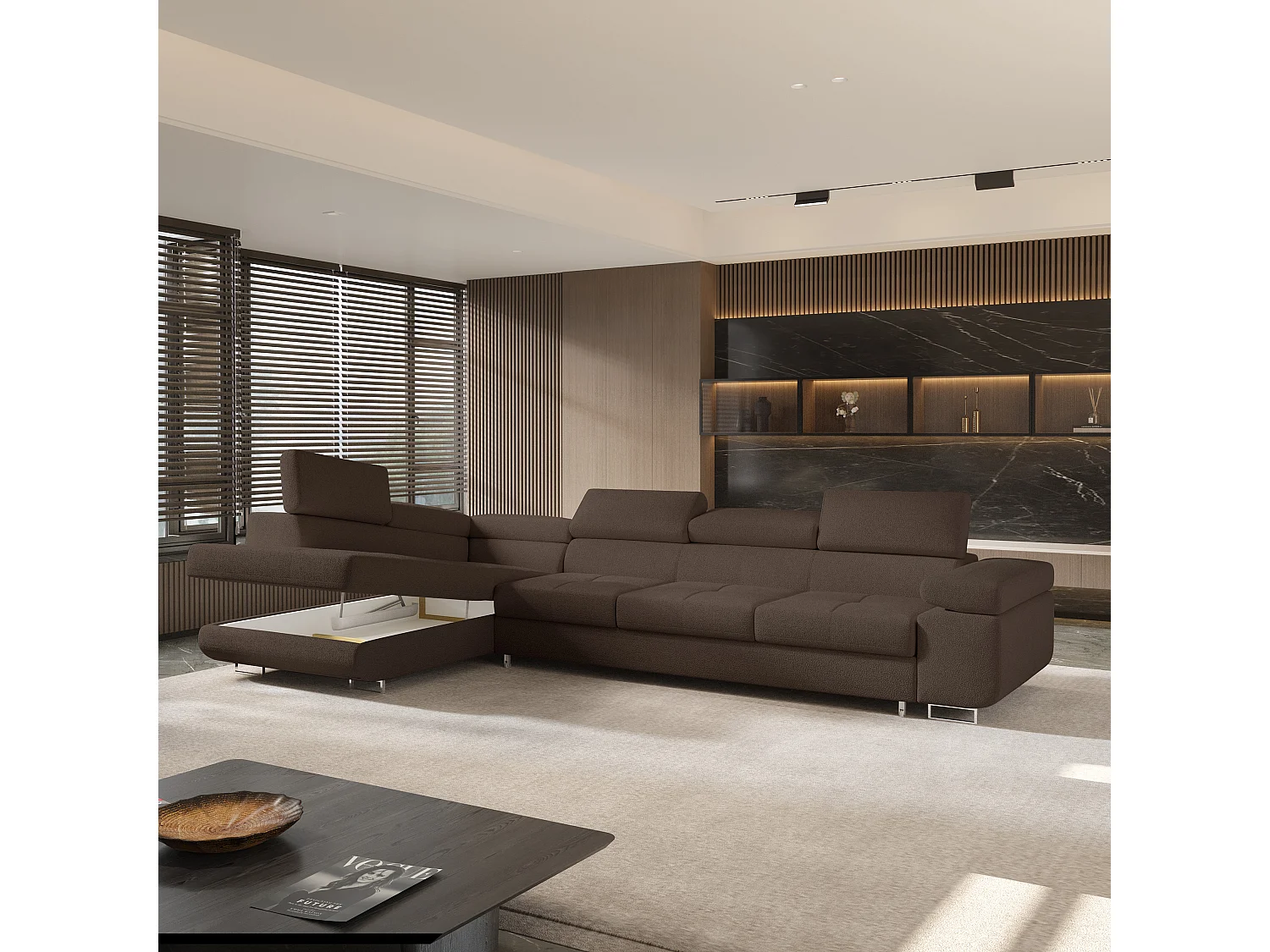 Hoekbank VICENTE van fluweel met slaapfunctie Braun