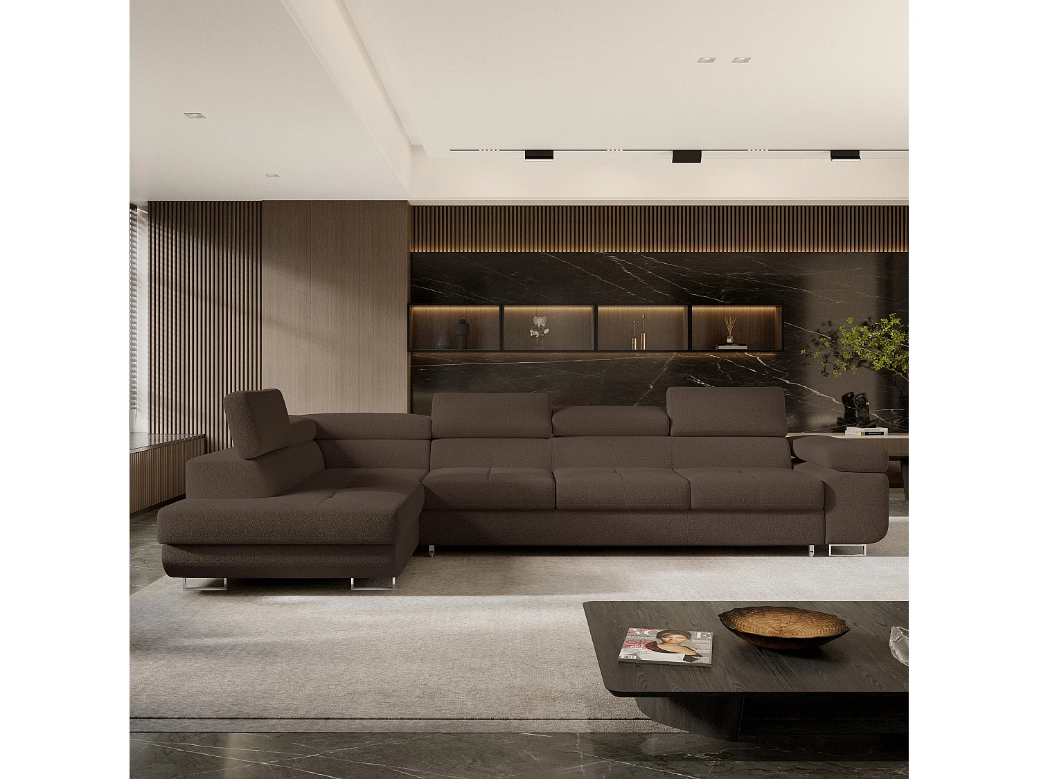 Hoekbank VICENTE van fluweel met slaapfunctie Braun