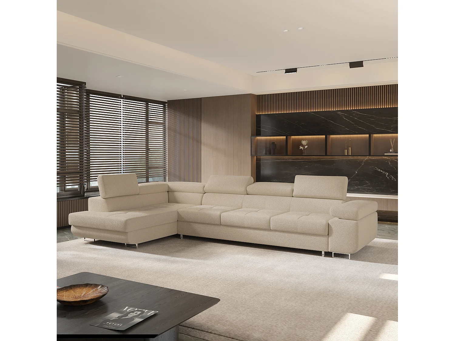 Hoekbank VICENTE van fluweel met slaapfunctie Beige