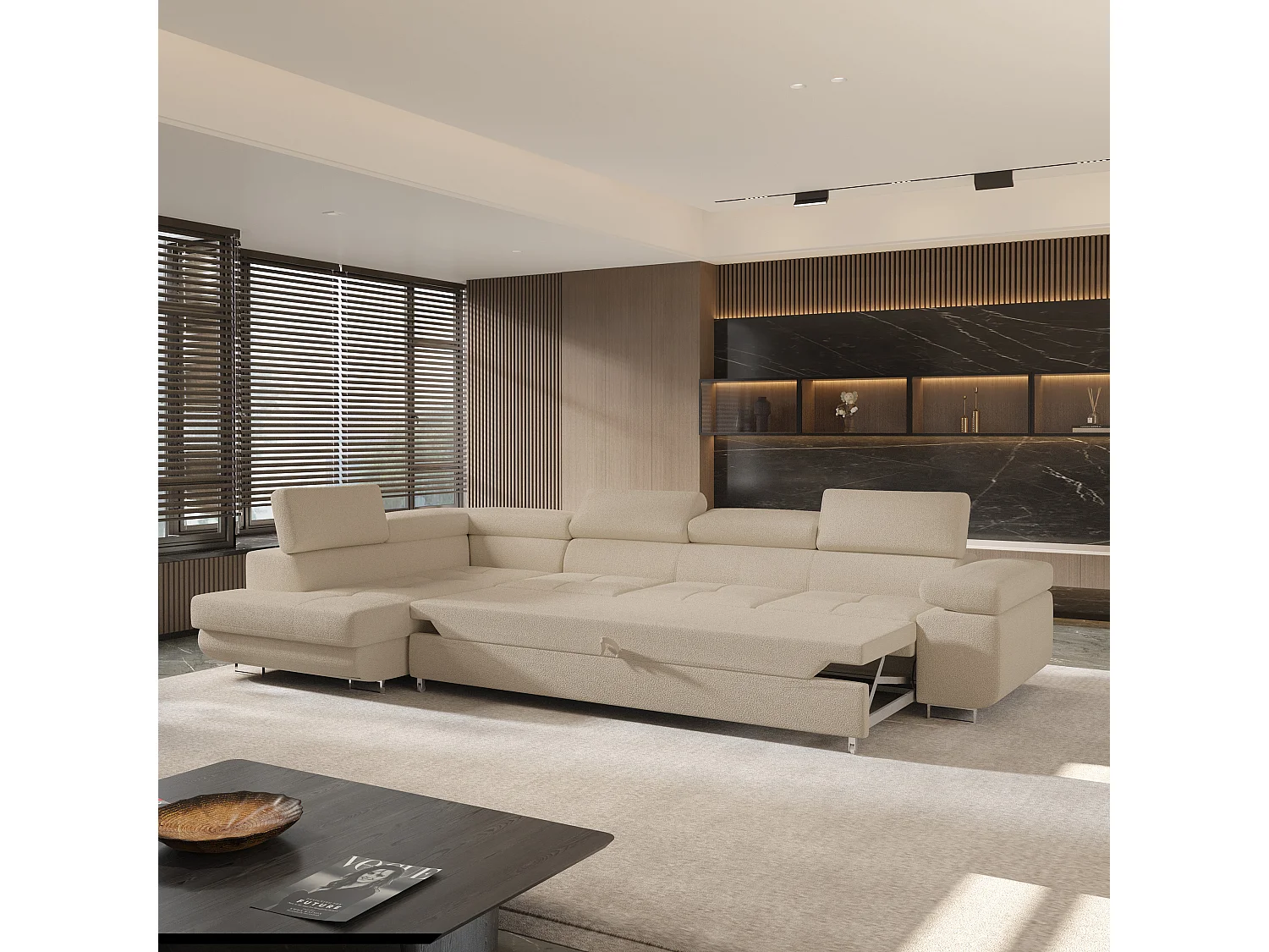 Hoekbank VICENTE van fluweel met slaapfunctie Beige