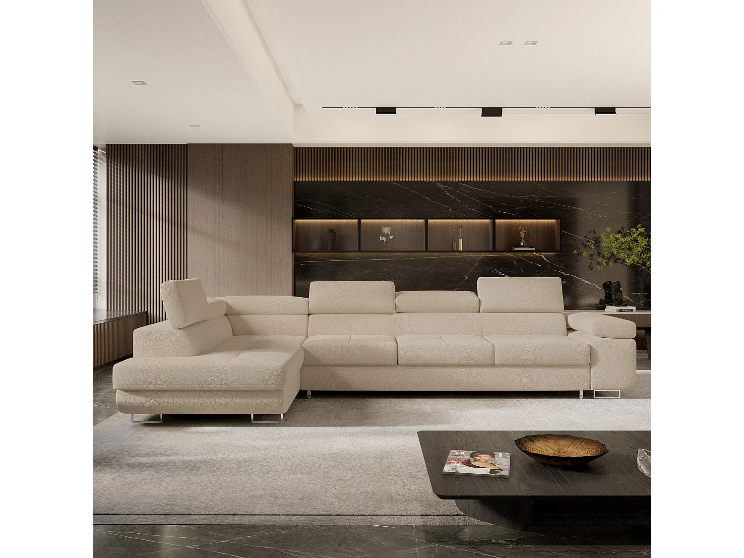 Hoekbank VICENTE van fluweel met slaapfunctie Beige