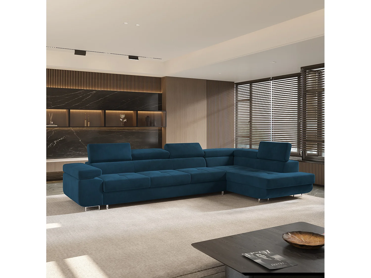 Hoekbank VICENTE van fluweel met slaapfunctie Blau