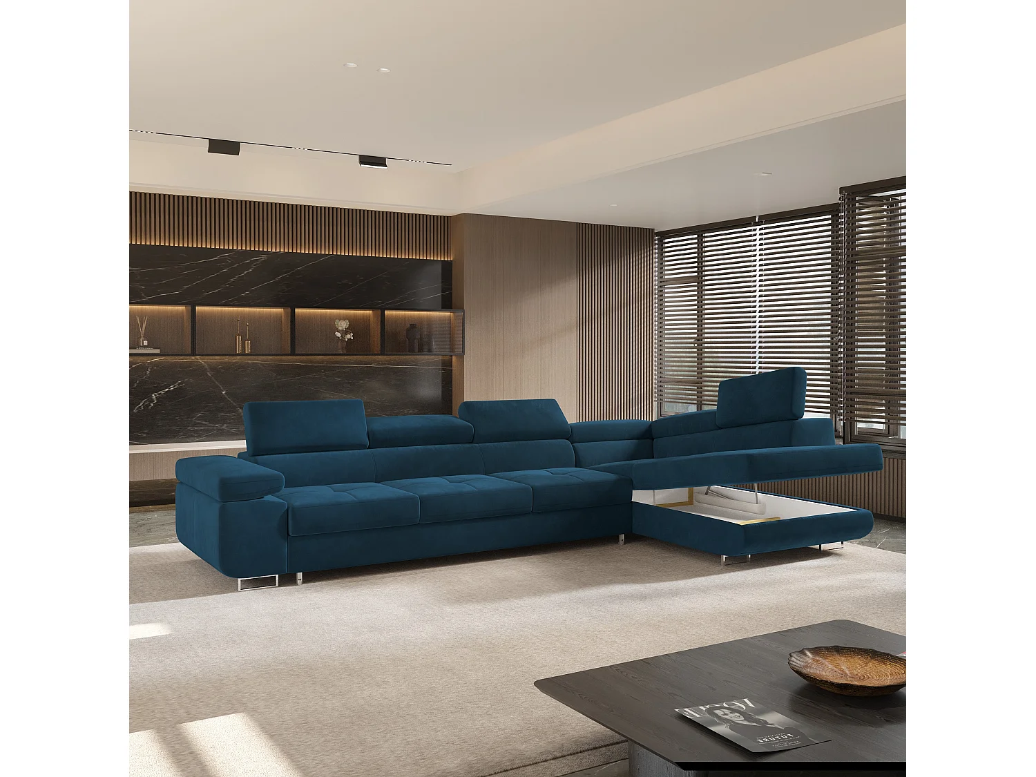 Hoekbank VICENTE van fluweel met slaapfunctie Blau