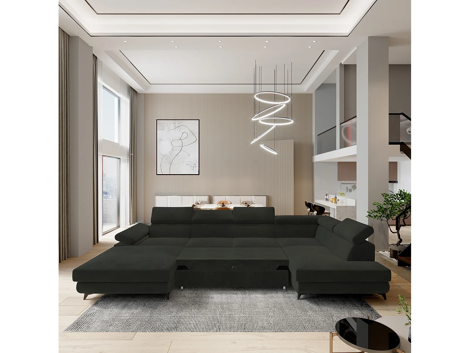 Hoekbank RUBANO van fluweel met slaapfunctie Schwarz