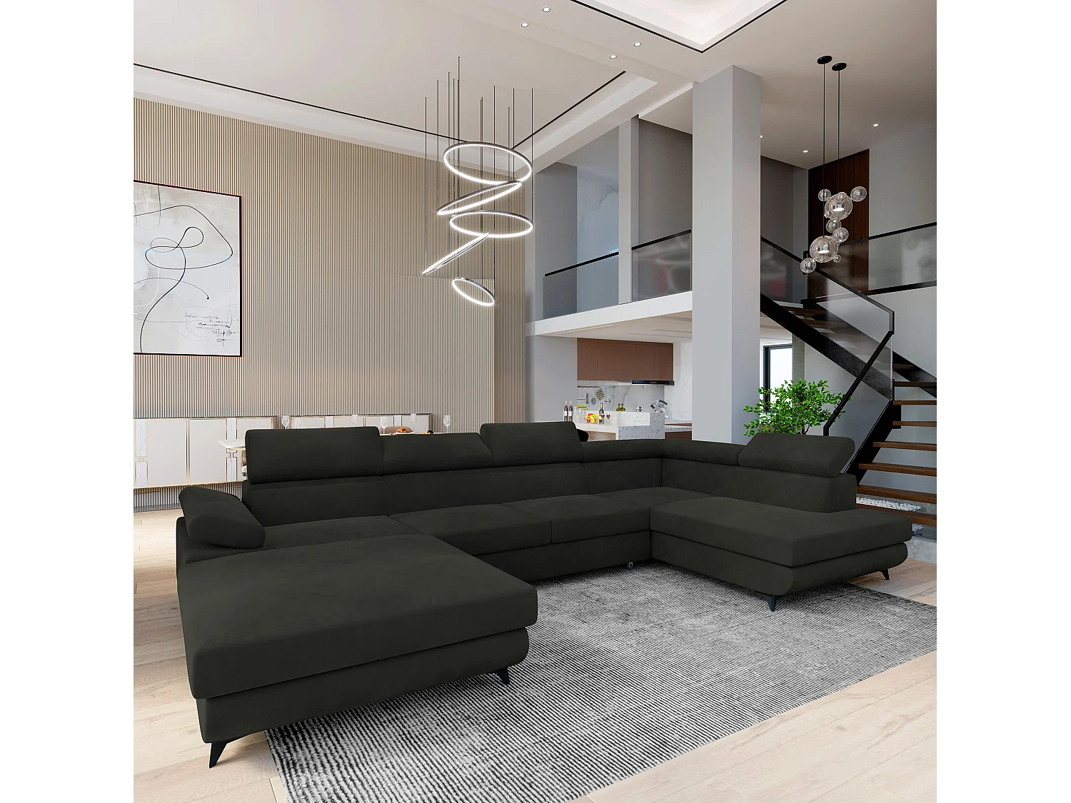 Canapé D'angle Rubano Noir En Velours Avec Fonction De Couchage