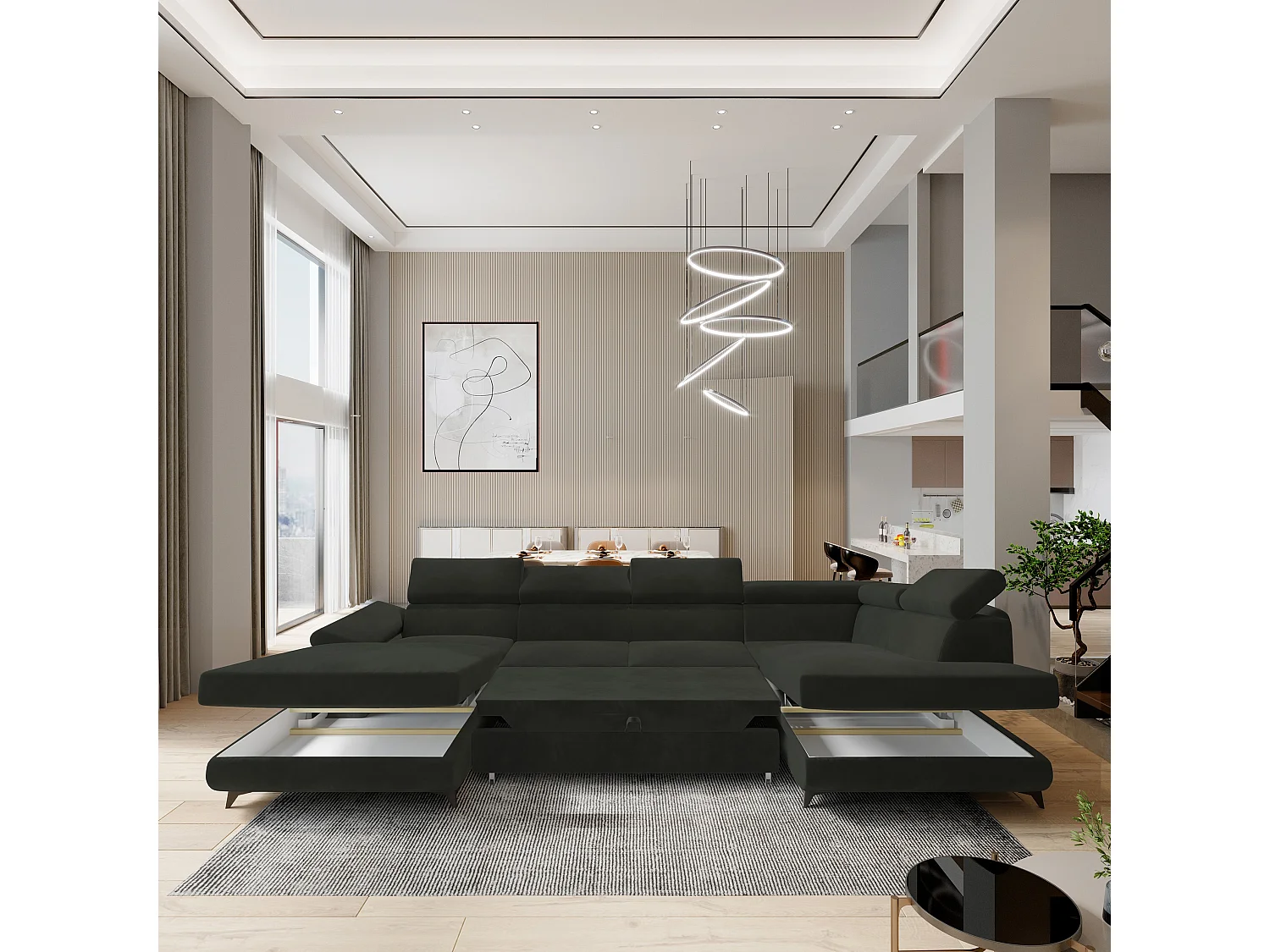 Canapé D'angle Rubano Noir En Velours Avec Fonction De Couchage