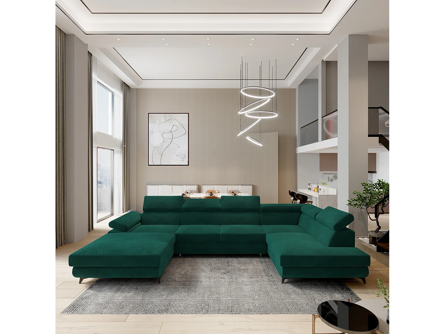 Hoekbank RUBANO van fluweel met slaapfunctie Grün