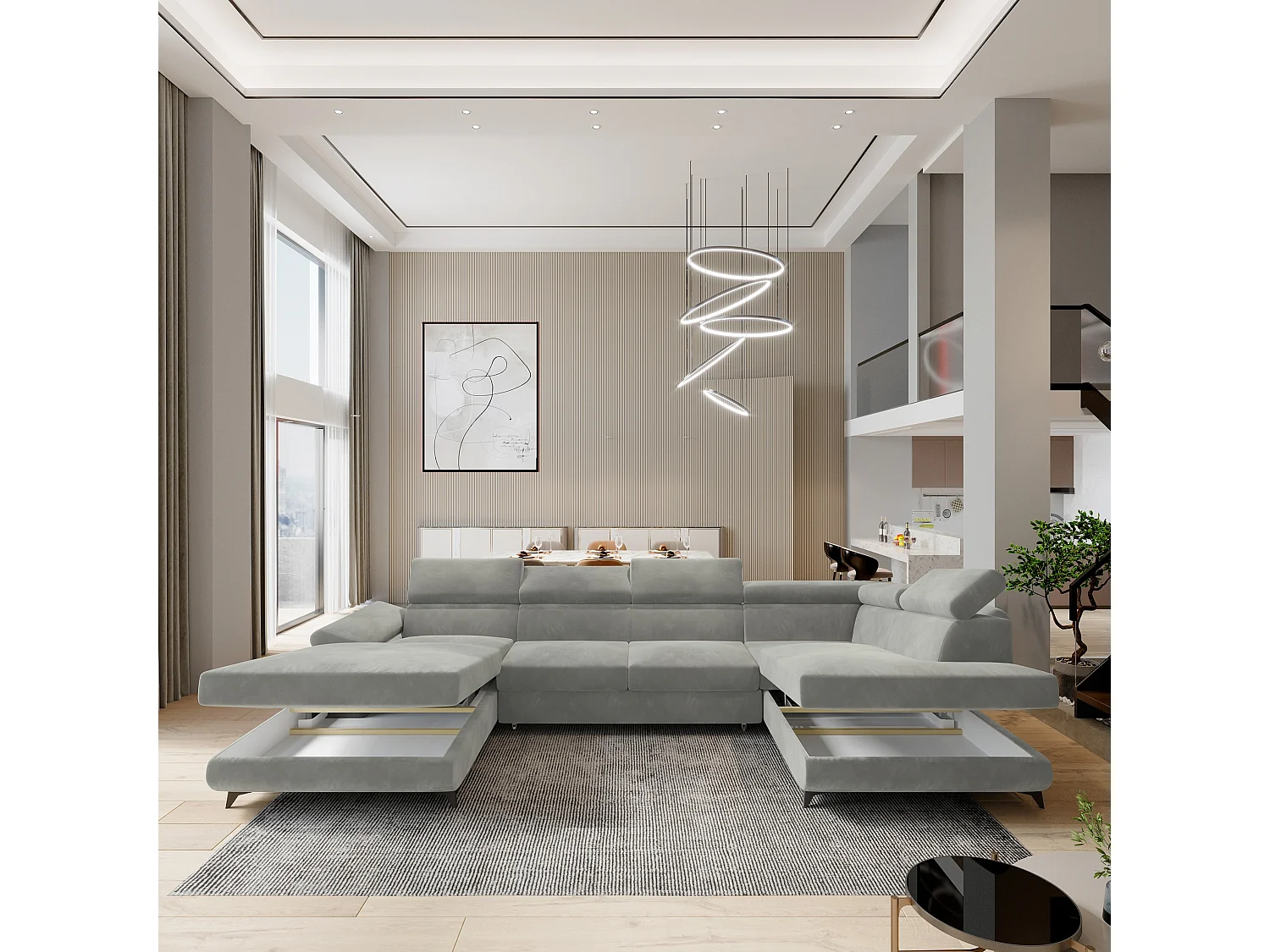 Canapé D'angle Rubano Gris Clair En Velours Avec Fonction De Couchage