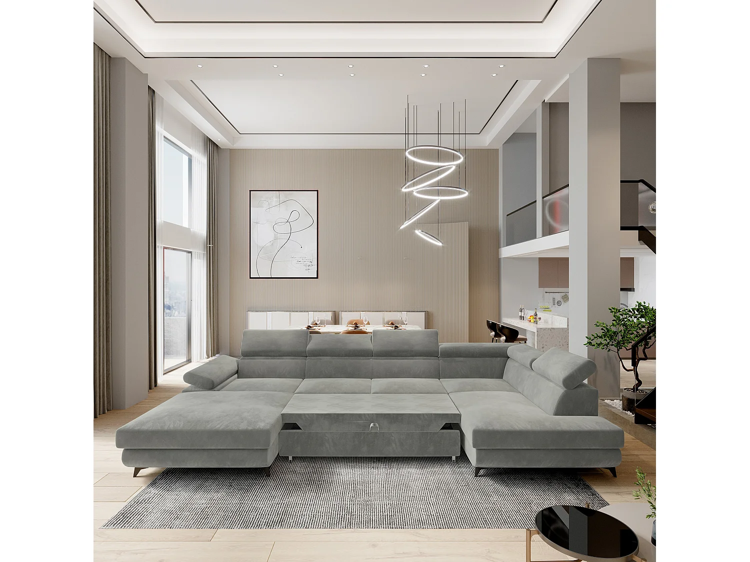 Canapé D'angle Rubano Gris Clair En Velours Avec Fonction De Couchage