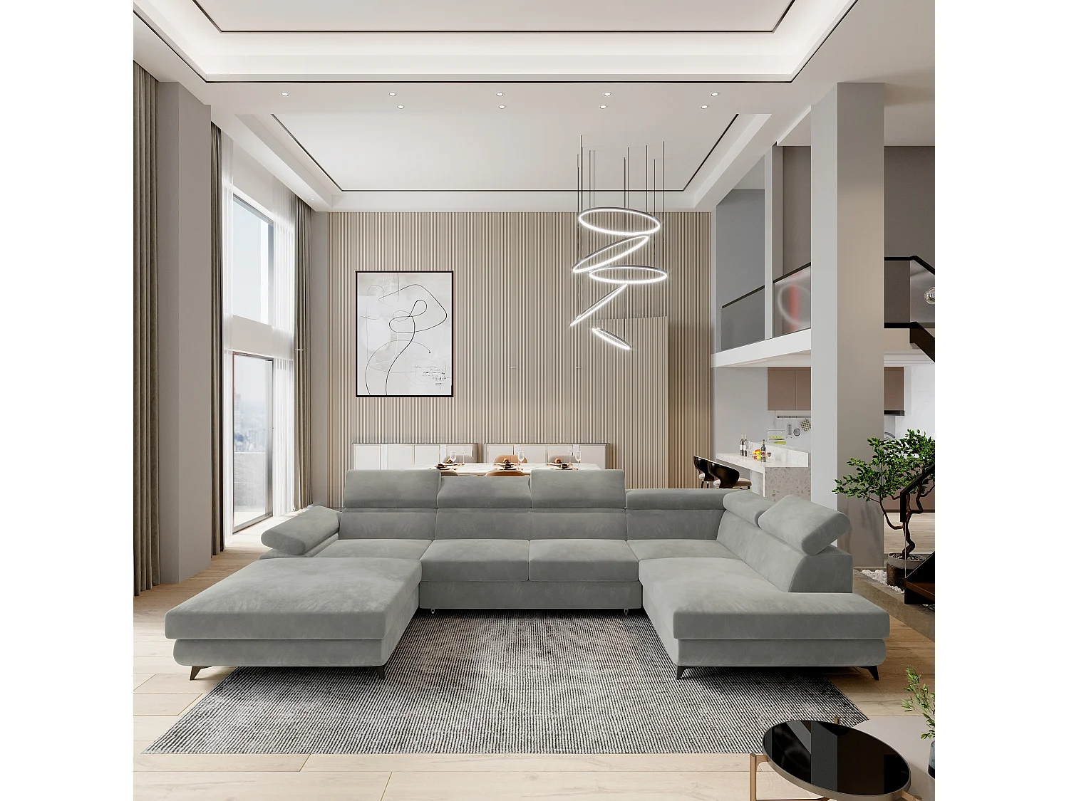 Canapé D'angle Rubano Gris Clair En Velours Avec Fonction De Couchage